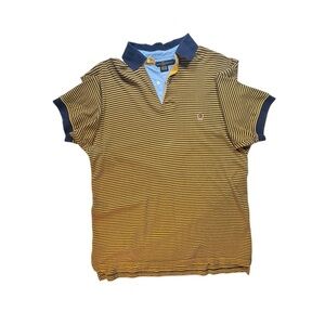 Tommy Hilfiger Vintage Striped Polo Shirt M Yellow Navy Blue Crest Logo Y2K D311